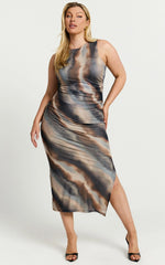 Loralie Midi Dress Mesh High Neck Bodycon Dress in Brown Tie Dye