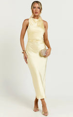 Aluna Midi Dress High Neck Cross Back Satin Slip Dress in Lemon