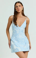 Gianni Mini Dress Plunge A Line Low Back Dress in Light Blue