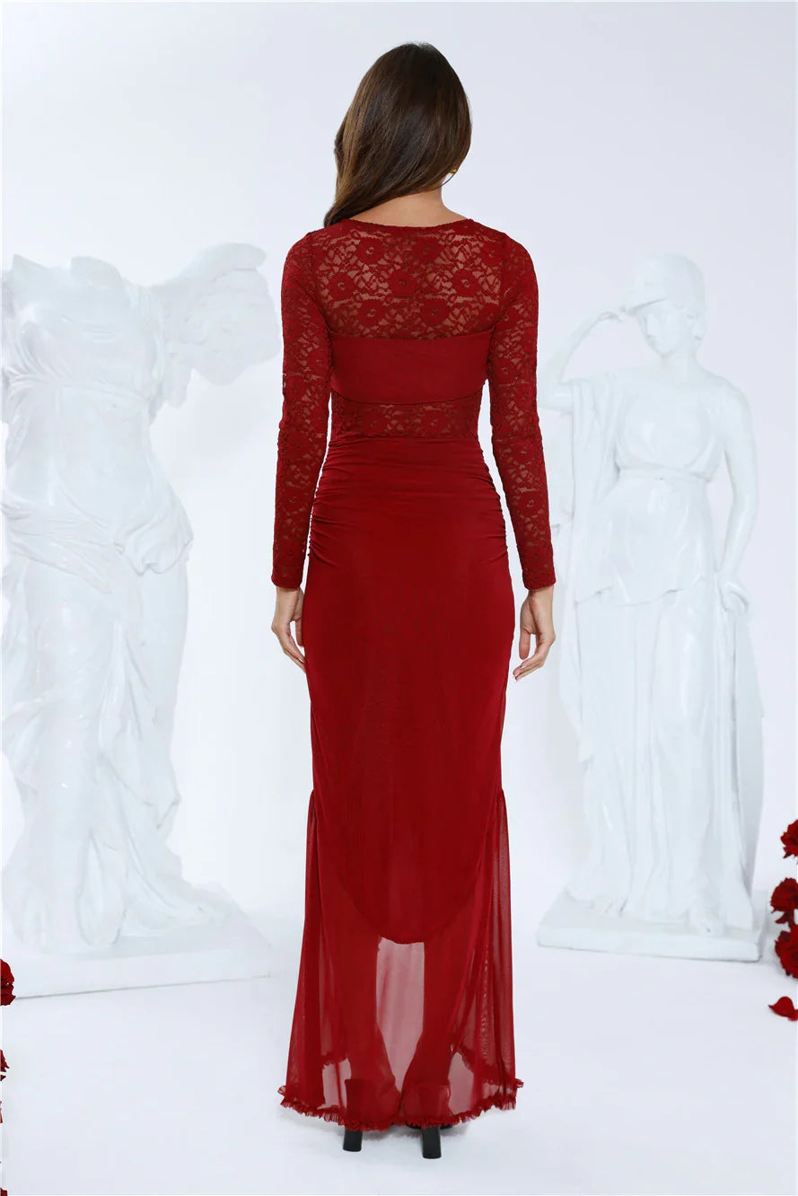 Flirtation Hour Lace Long Sleeve Maxi Dress Burgundy