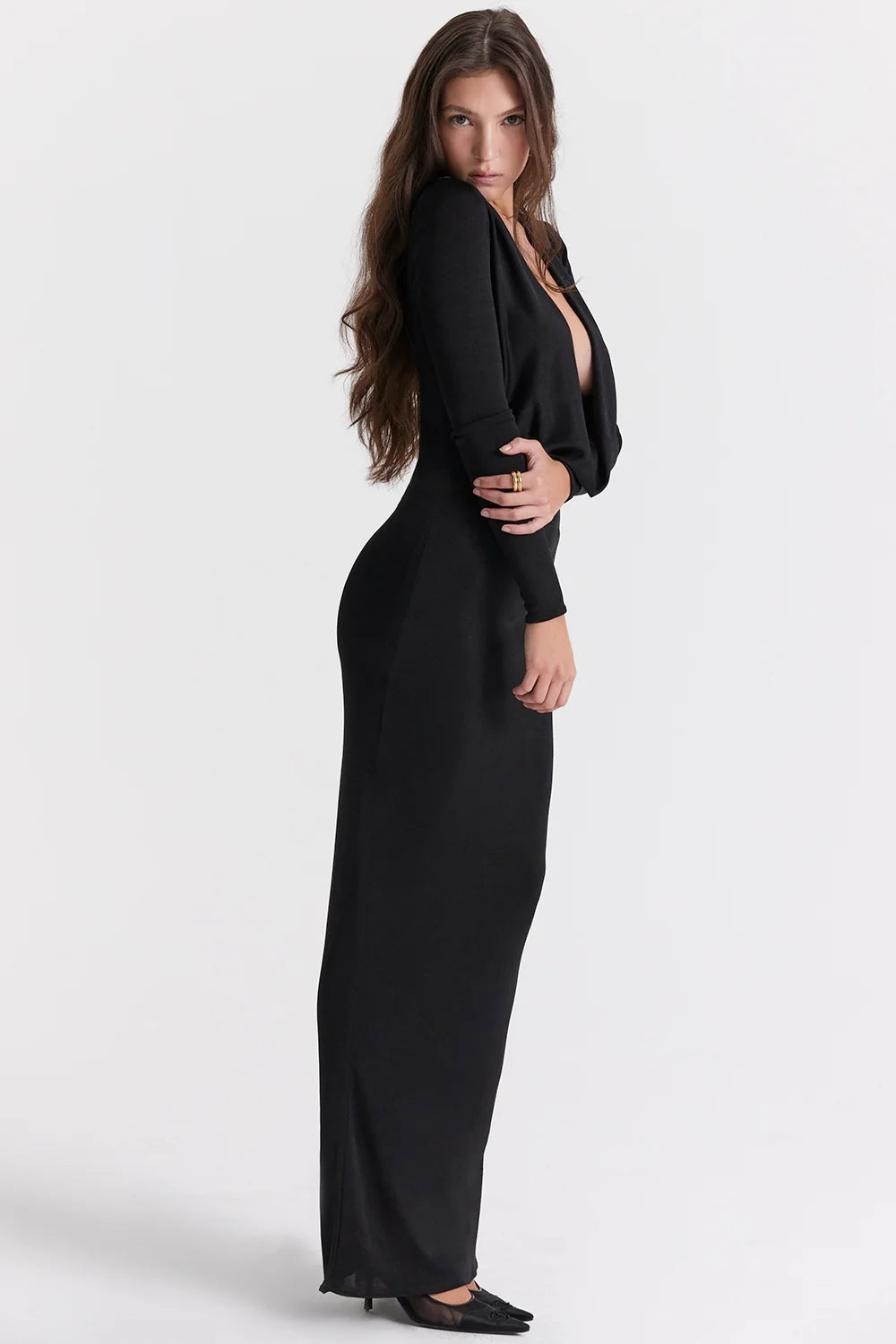 black draped maxi dress