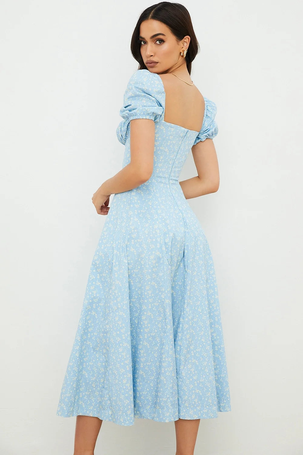 blue ivory floral puff sleeve midi dress