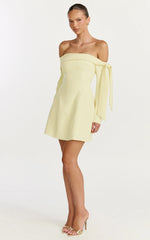 Eljay Mini Dress Long Sleeve Off Shoulder Knot Detail Dress in Lemon