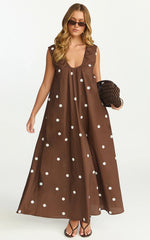 Simone Maxi Dress U Halter Neck Linen Polkadot Dress in Chocolate