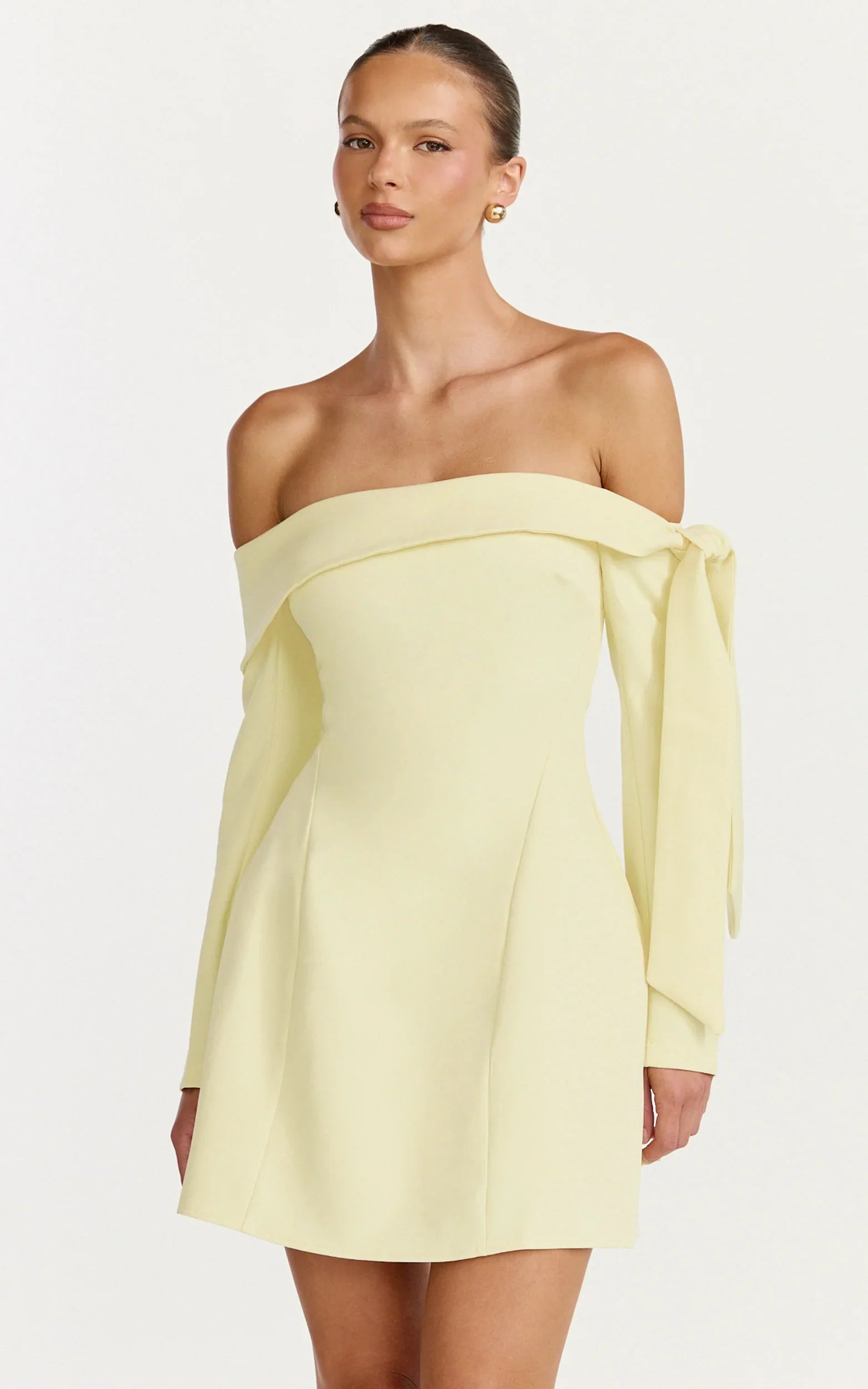 Eljay Mini Dress Long Sleeve Off Shoulder Knot Detail Dress in Lemon