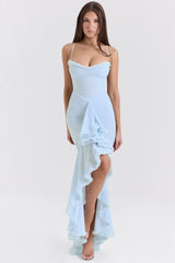 ice blue mesh ruffled front gown
