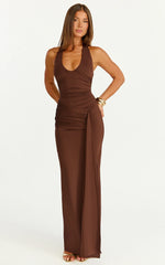 Dixie Maxi Dress Plunge Halter Low Back Dress in Chocolate