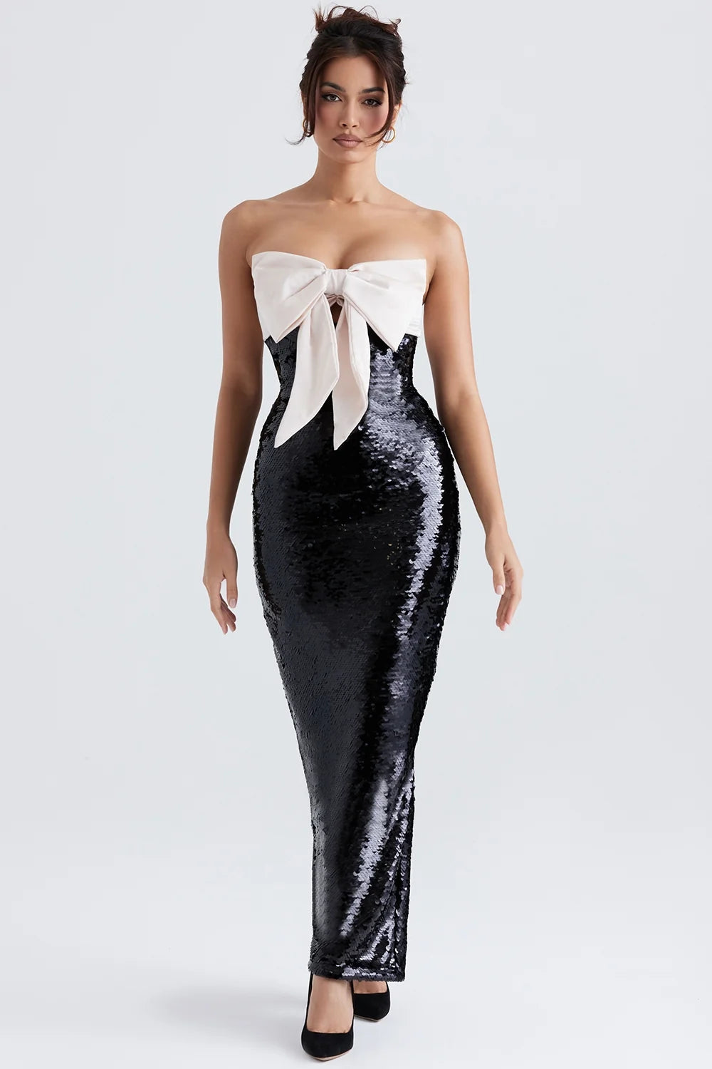 black sequin strapless bow dress