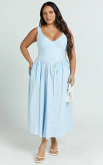 Beckett Midi Dress Scoop Neck Drop V Waist Gathered Skirt Dress in Blue