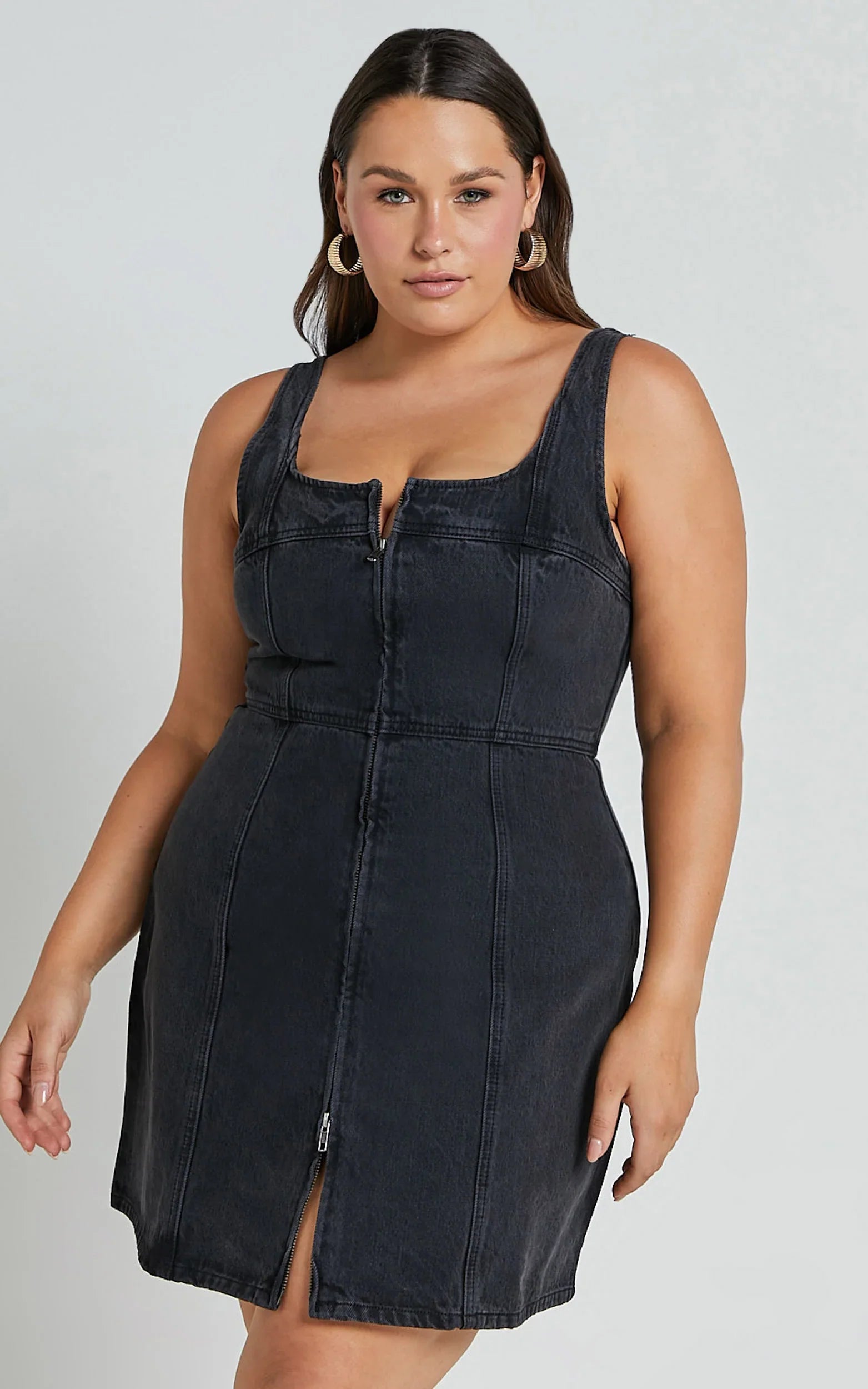 Chrysoula Mini Dress Square Neck Zip Front Sleeveless Bodycon Denim in Washed Black