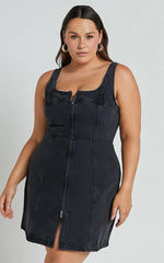 Chrysoula Mini Dress Square Neck Zip Front Sleeveless Bodycon Denim in Washed Black