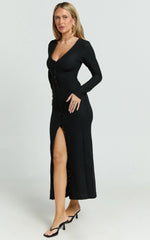 Zayla Midi Dress Long Sleeve Button Front Bodycon Dress in Black