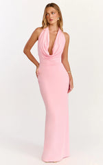 Sylvana Maxi Dress Cowl Halter Neck Bodycon Dress in Baby Pink