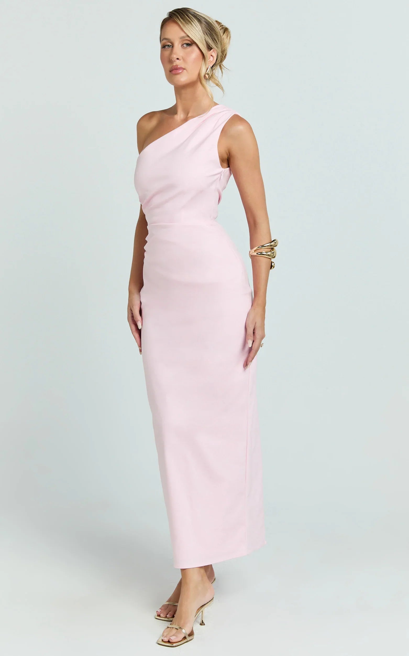 Karlie Midi Dress One Shoulder Fitted Dress in Pink
