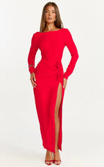 Vivienne Maxi Dress Boat Neck Long Sleeve Rosette Detail Dress in Red