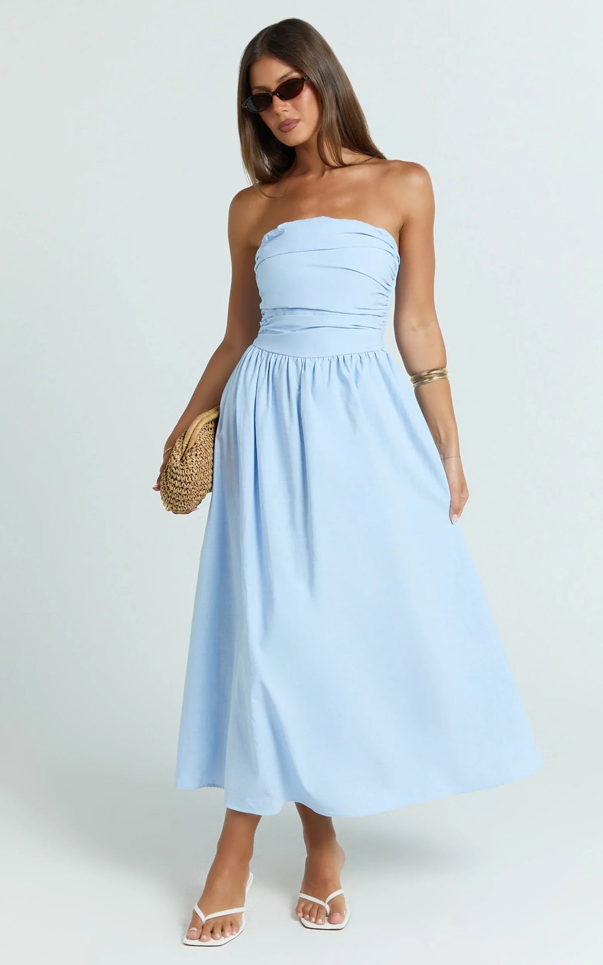 Polly Midi Dress Strapless Ruched Dress in Blue