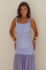 TILLIE SHEER BOTTOM MAXI DRESS PERIWINKLE LEMON POLKA
