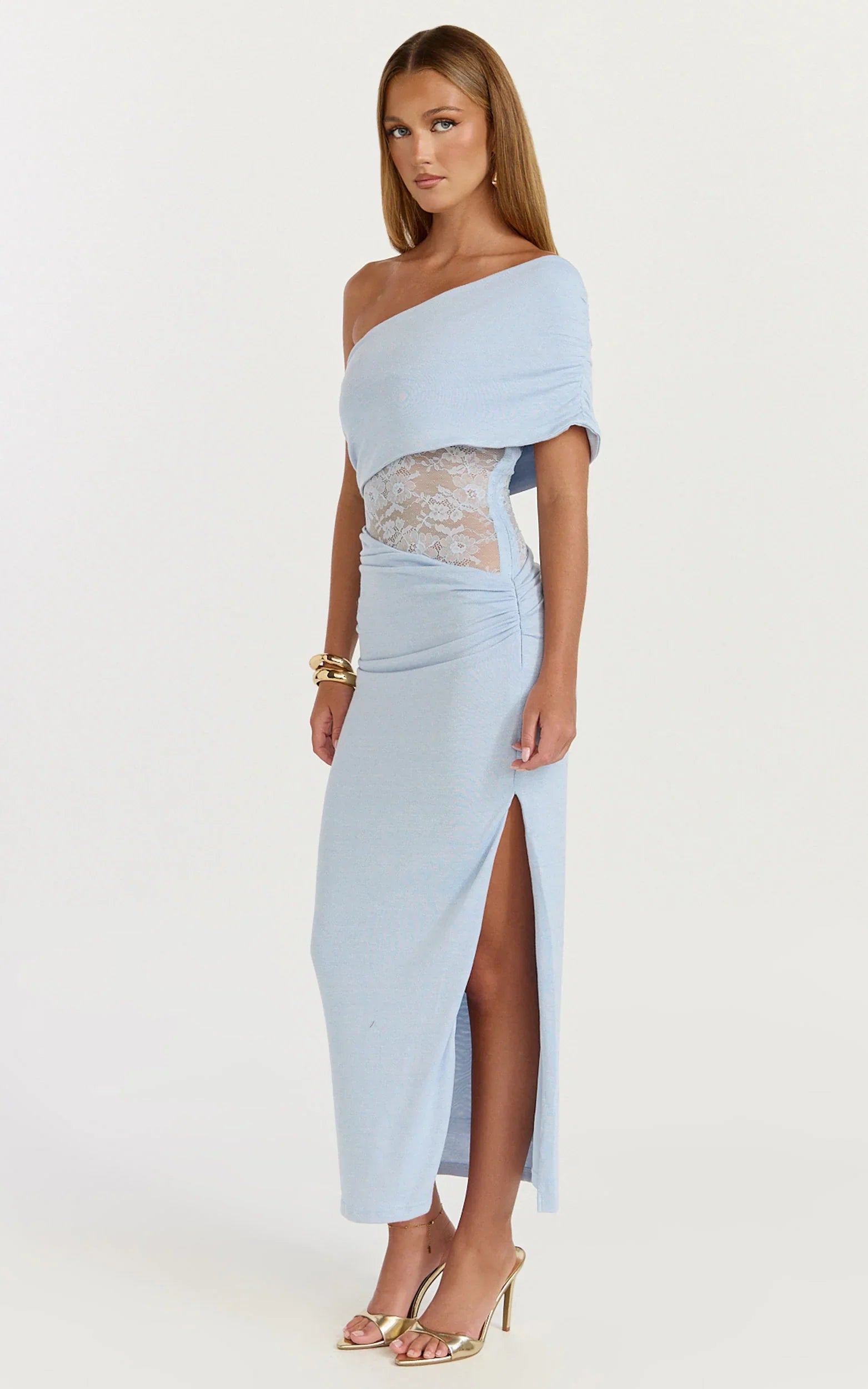 Juliet Midi Dress One Shoulder Lace Contrast Bodycon Dress in Blue