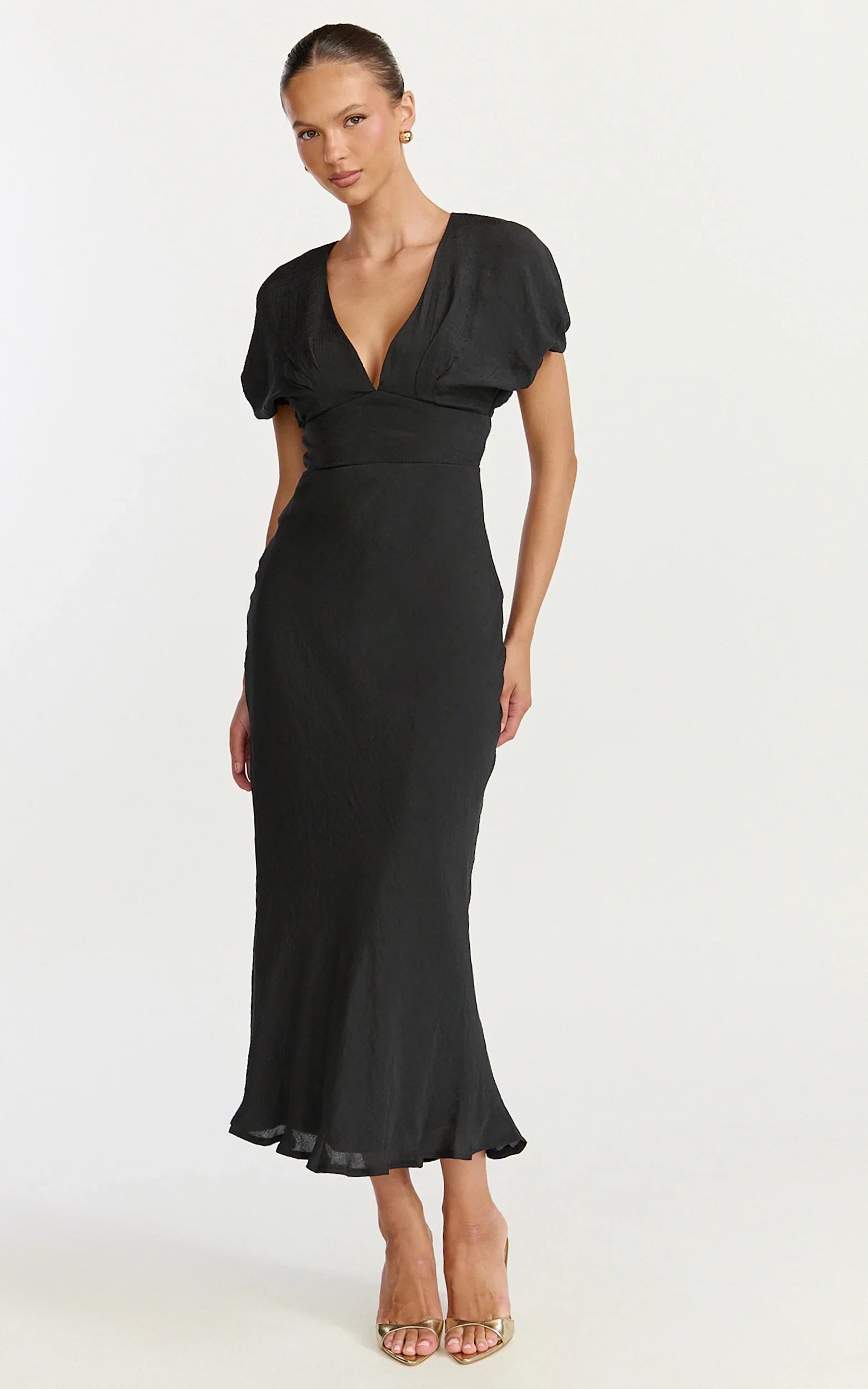 Desiree Midi Dress V Neck Flutter Short Sleeve Slip Dress in Black