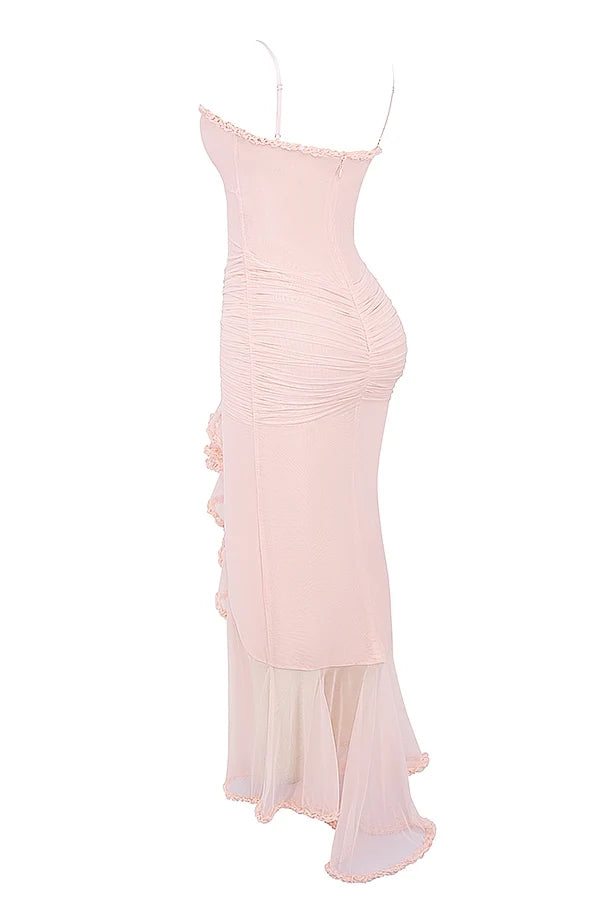 soft peach ruffled front gown