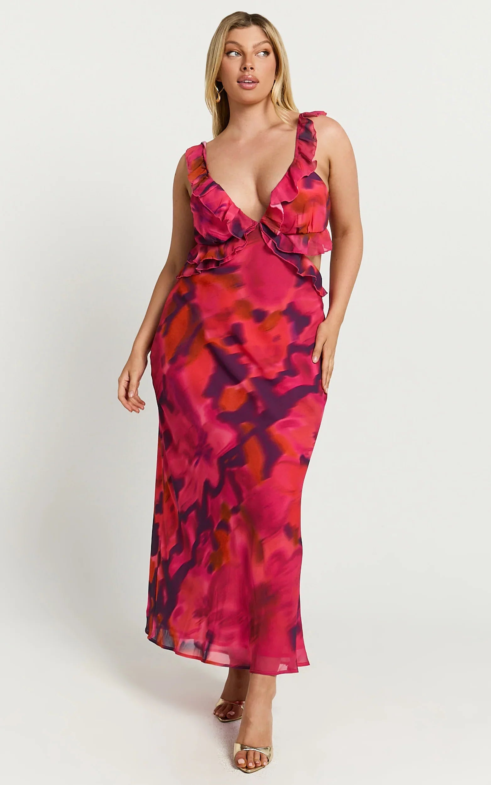 Alessa Midi Dress V Neck Frill Detail Empire Waist Back Cut Out Dress in Adeana Print