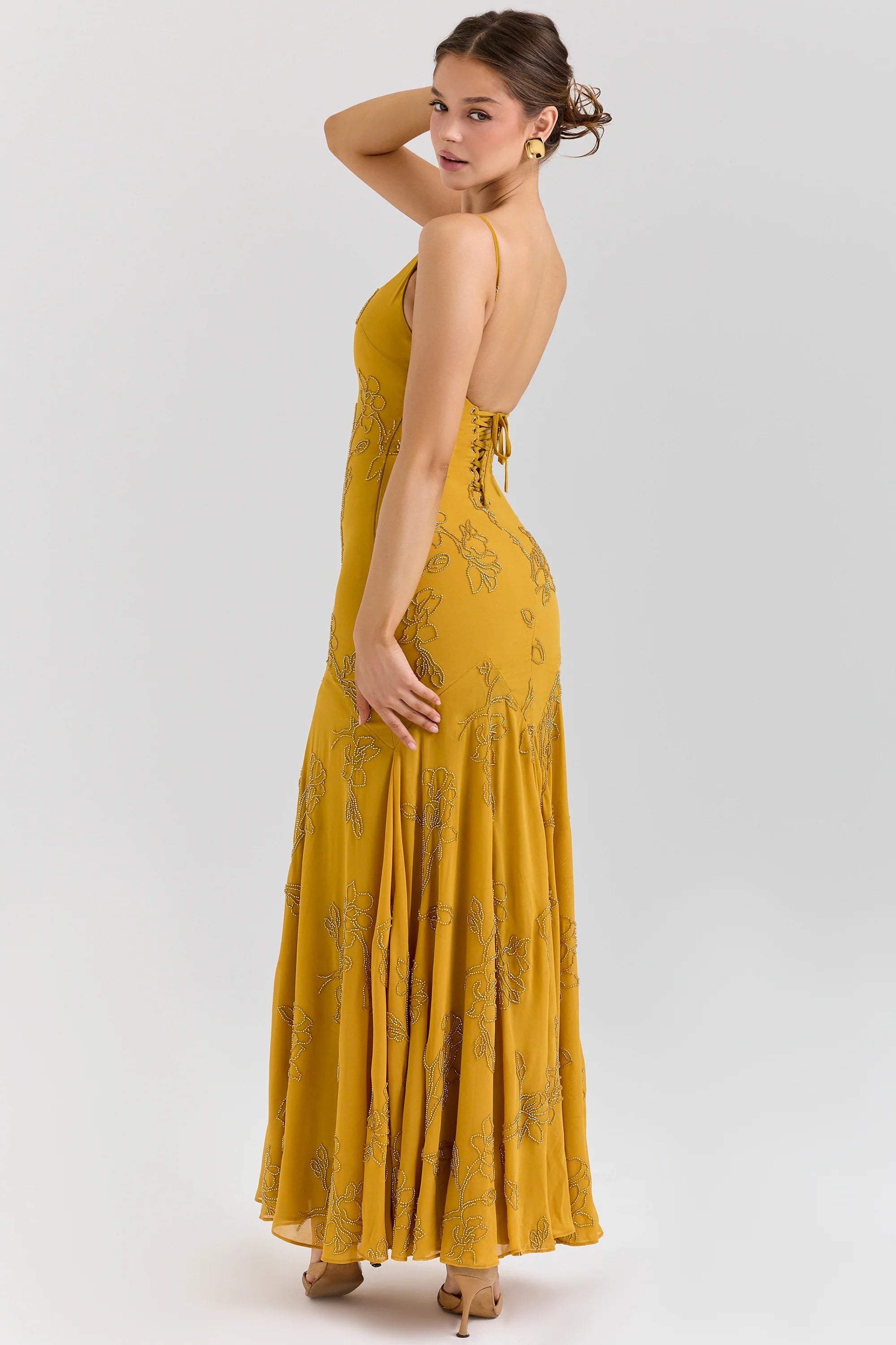 gold embellished hand beaded maxi dress