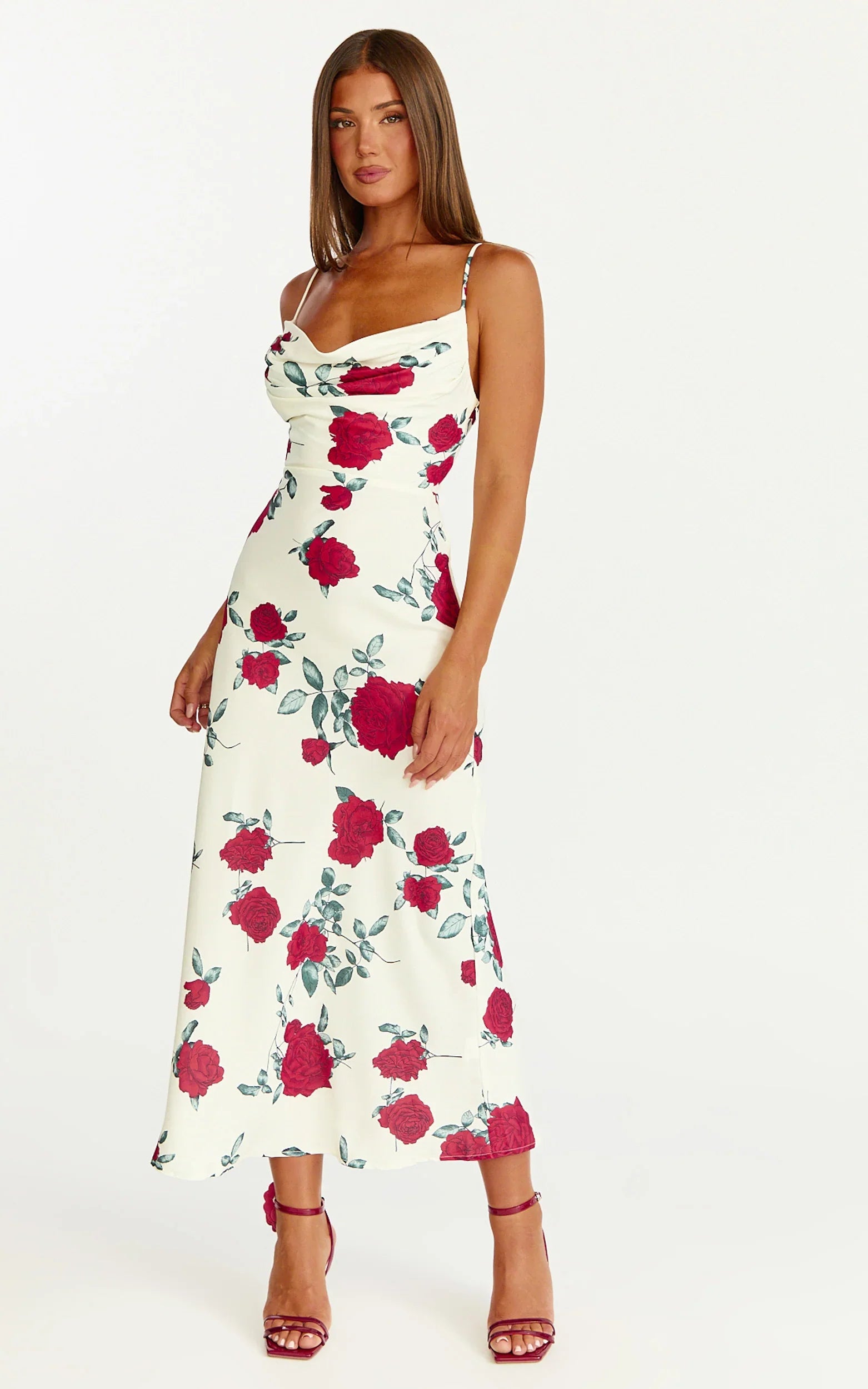 Dahlia Midi Dress Cowl Neck A Line Dress in Scarlet Rose Print