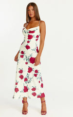 Dahlia Midi Dress Cowl Neck A Line Dress in Scarlet Rose Print