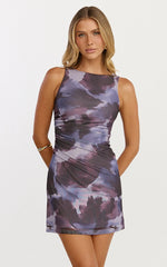 Nica Mini Dress Mesh Boat Neck Dress in Blue Blur