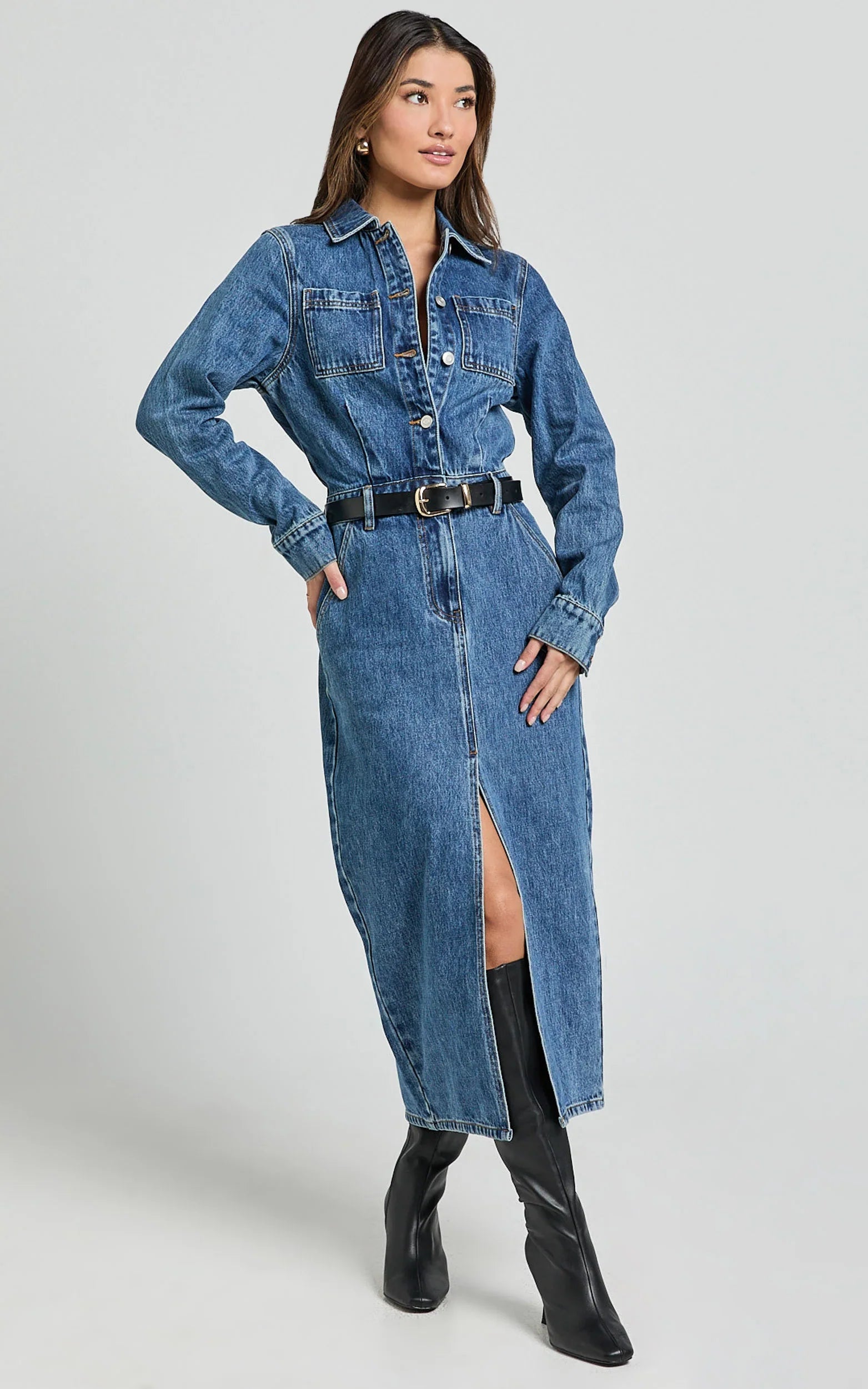 Alison Midi Dress Long Sleeve Front Split Denim Dress in Mid Blue Wash