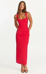 Lila Midi Dress V Neck Corset Top Bodycon Dress in Red