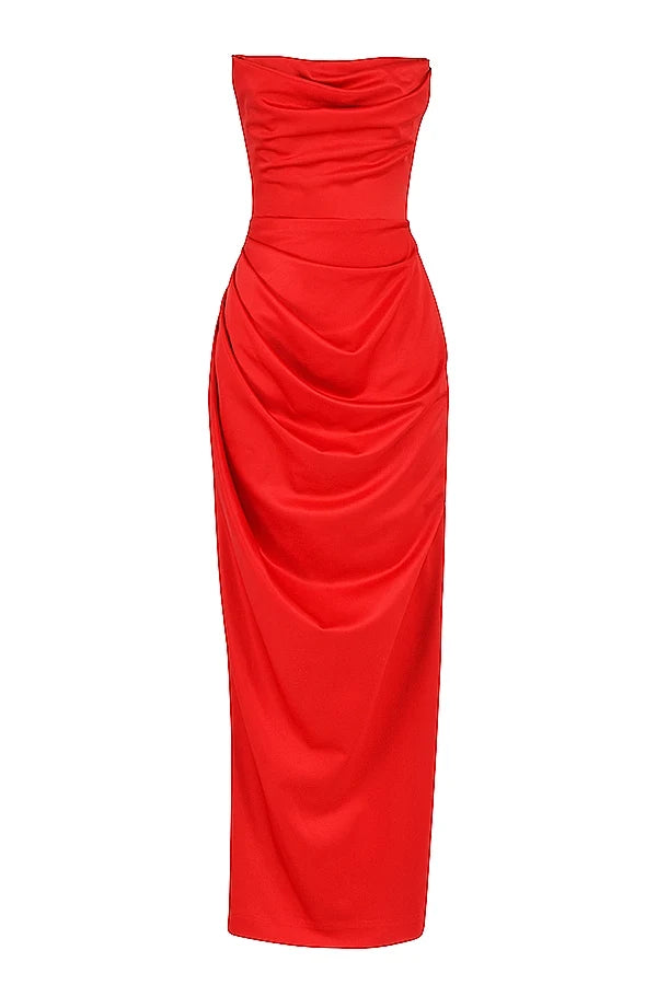 scarlet satin strapless gown