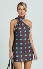 Maddox Mini Dress Scarf Neck Low Tie Back Slip Dress in Polka Dot Print