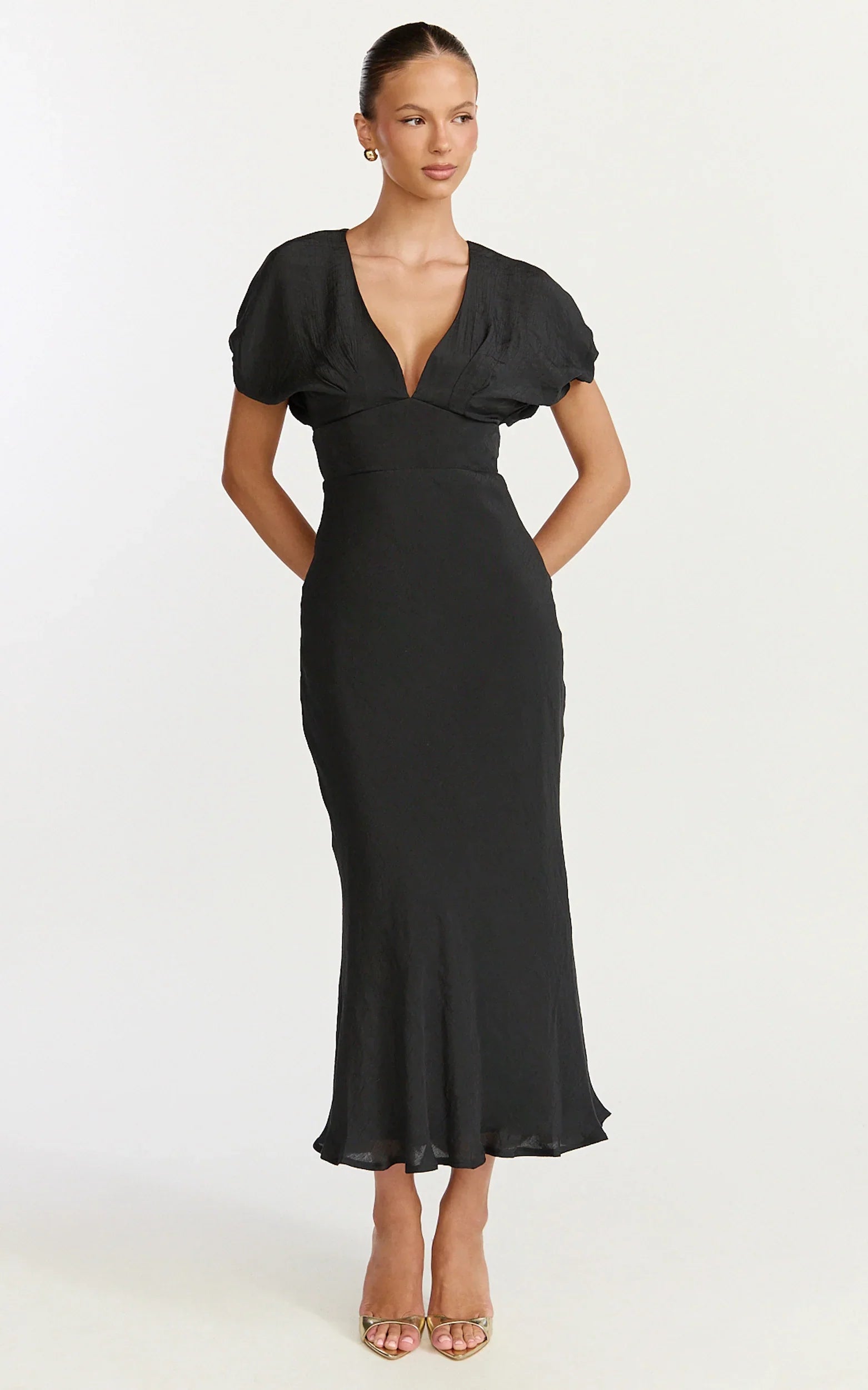 Desiree Midi Dress V Neck Flutter Short Sleeve Slip Dress in Black