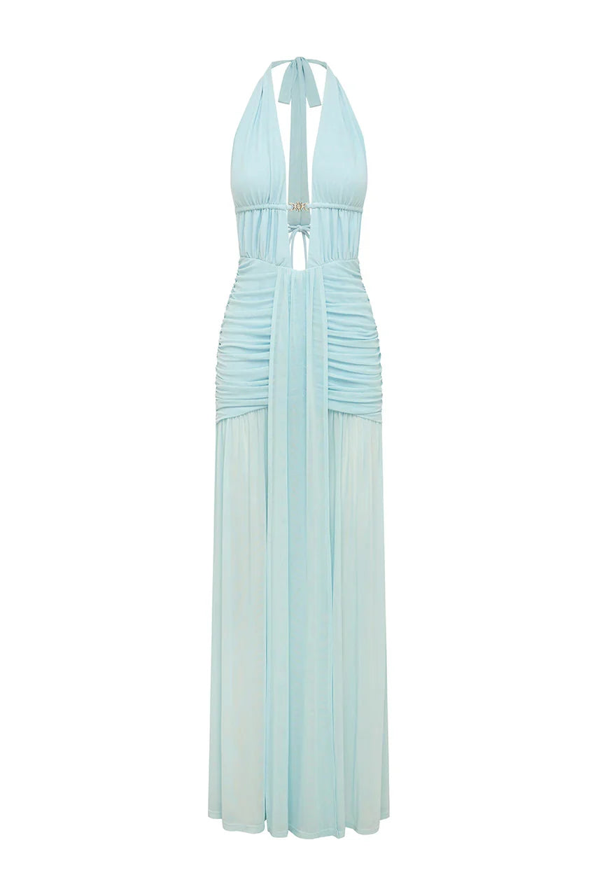ADRIANNA PLUNGE RUCHED MAXI DRESS AQUA