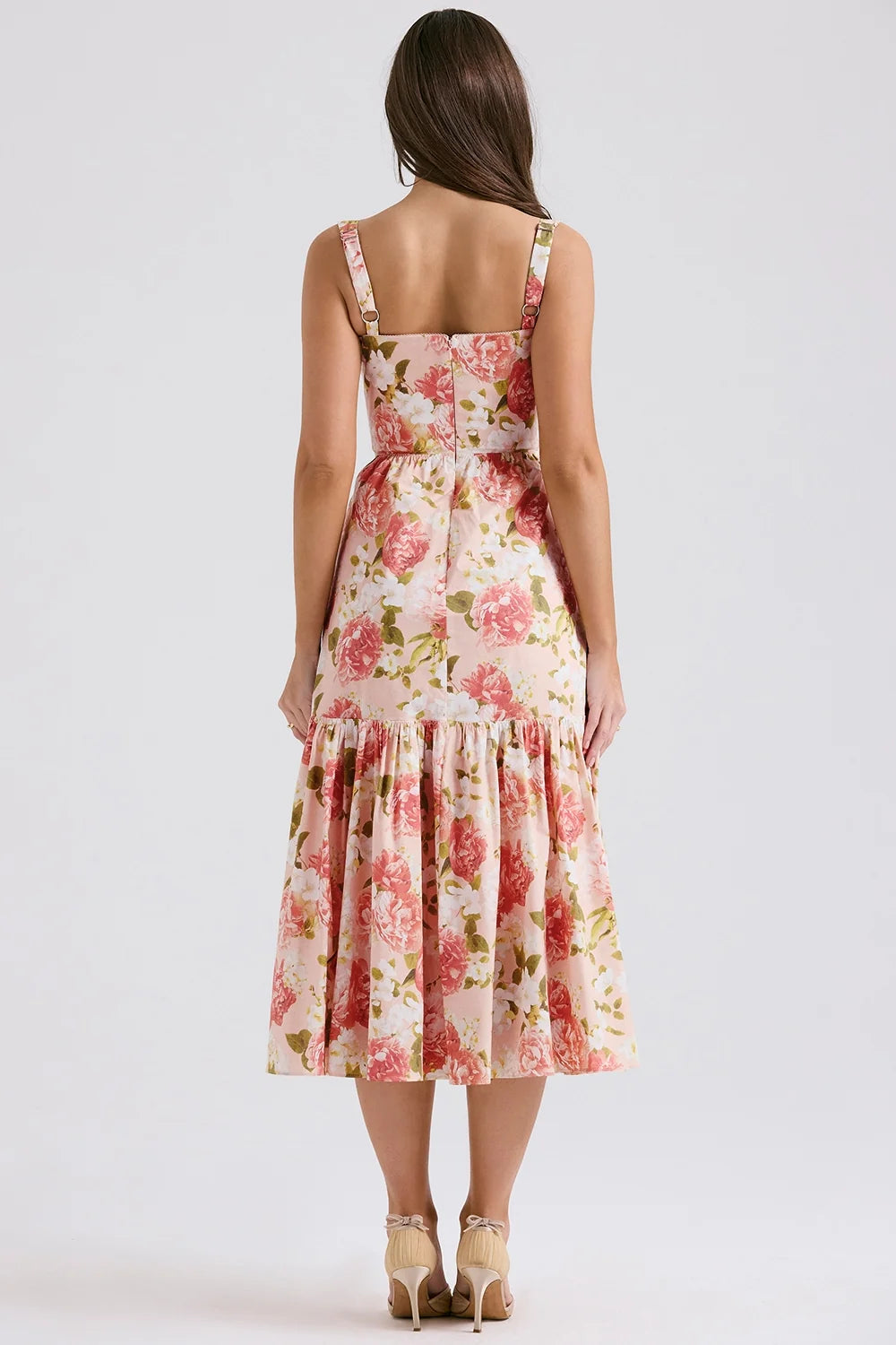 pink peony print cotton midi sundress