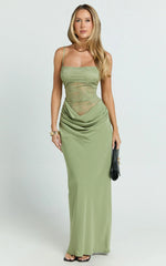 Rania Maxi Dress Contrast Lace Bodice Bias Cowl Drop Waist Dress in Sage