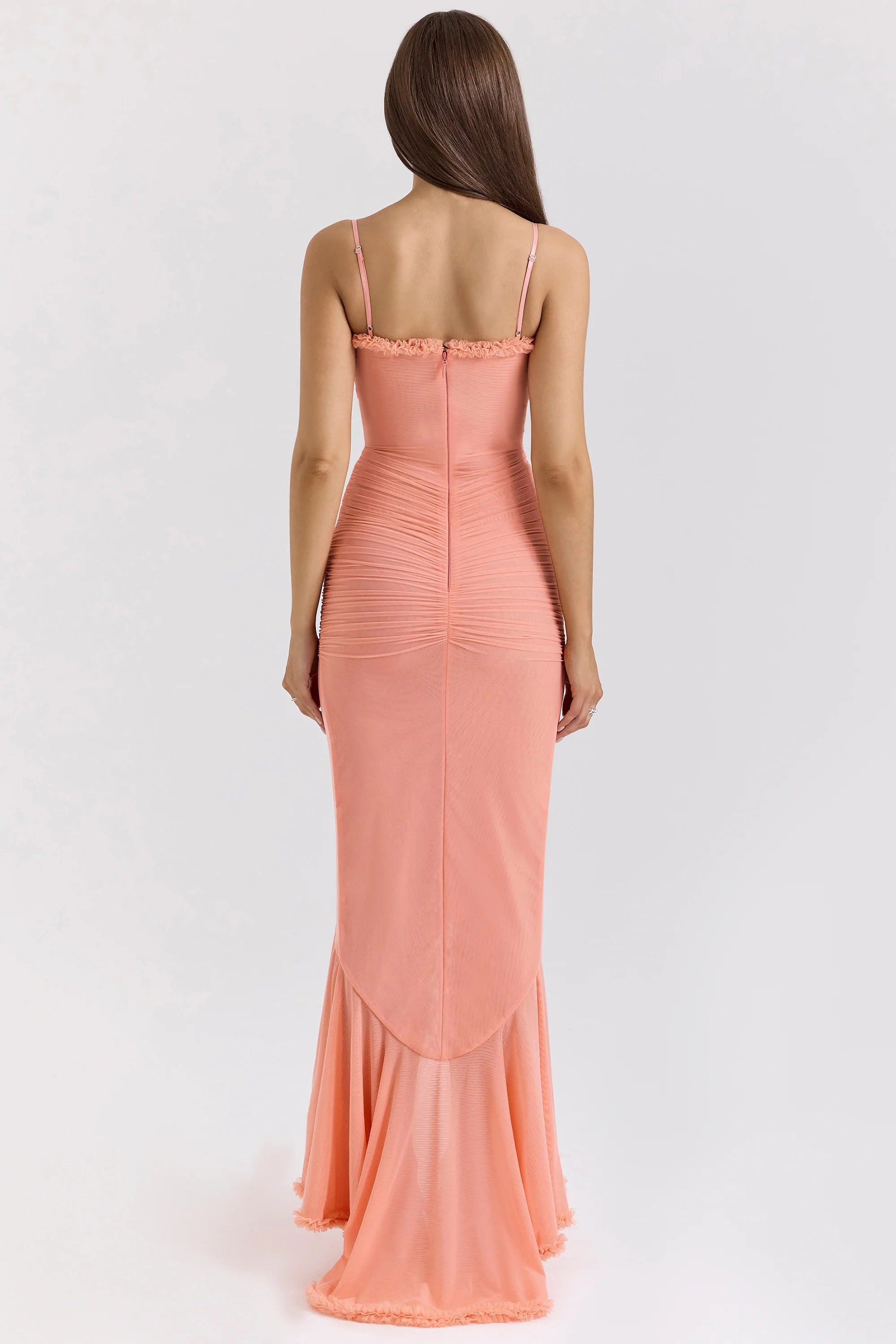 peach mesh ruffled front gown