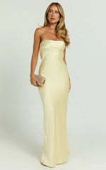 Charlita Maxi Dress Strapless Cowl Back Satin Dress in Butter Yellow
