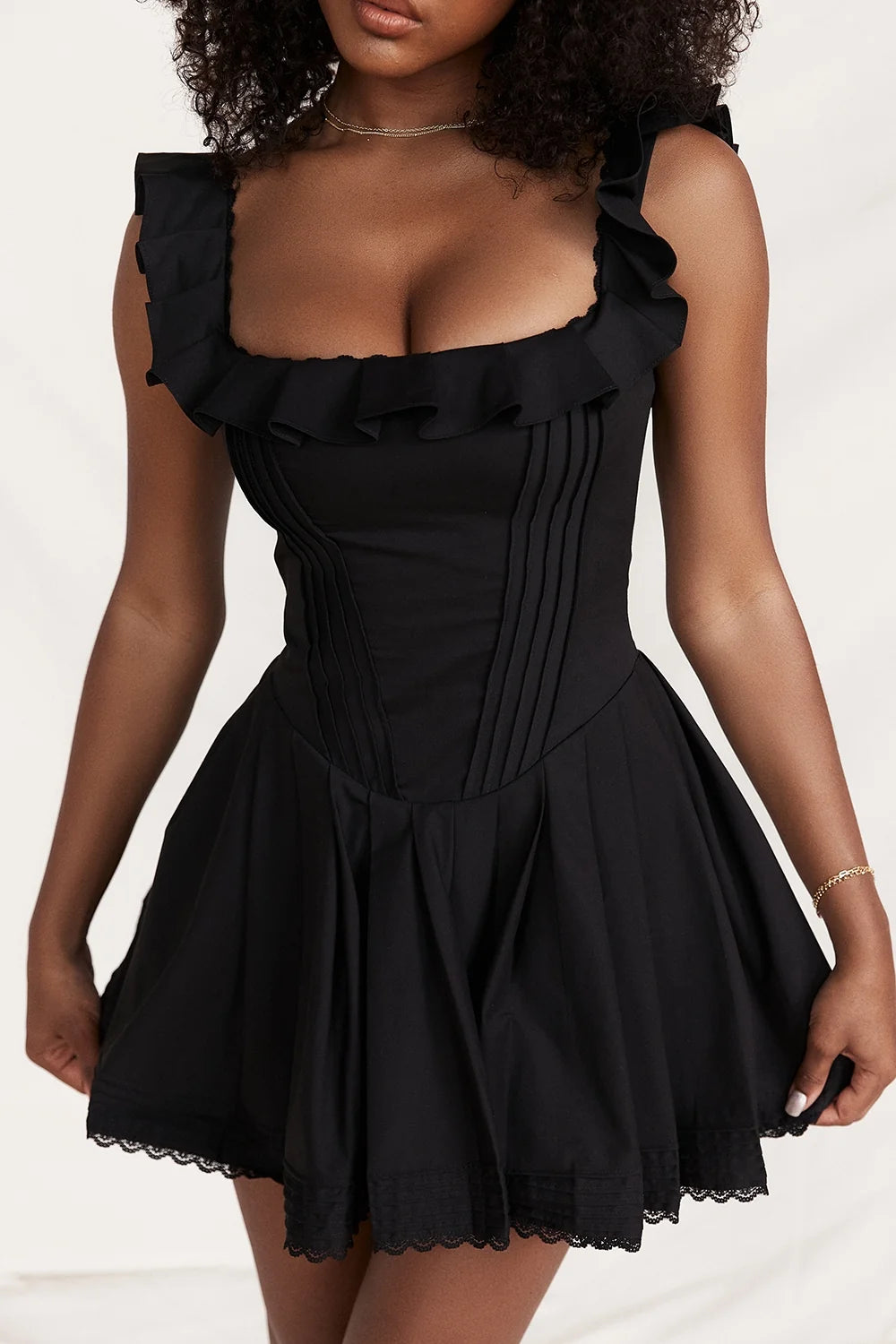 black pin tuck pleated dress
