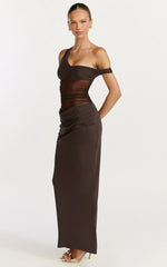 Elias Maxi Dress Twisted One Shoulder Cowl Dropped Waist Dress in Chocolate