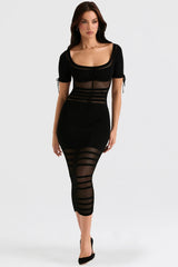 black openwork knit midi dress