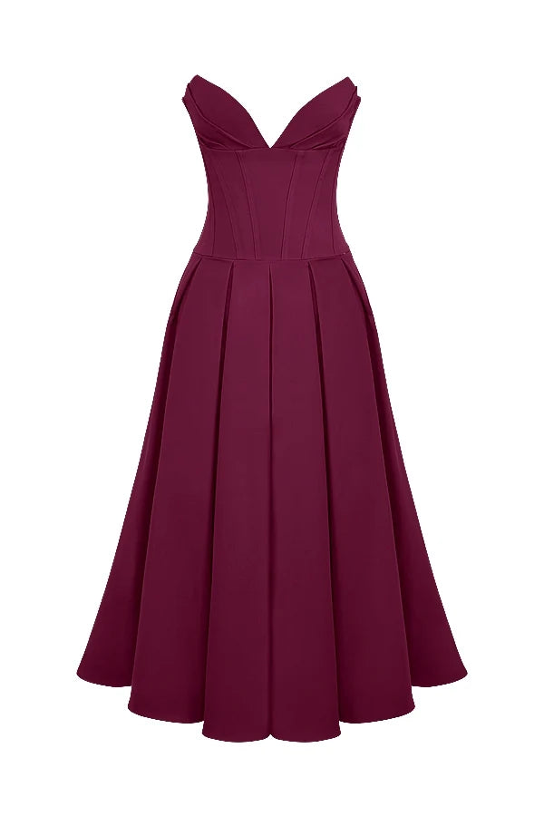 wine strapless midi dress
