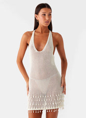 Pearl Shore Beaded Crochet Mini Dress Ivory