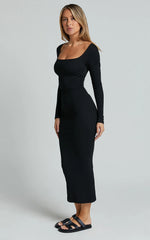 Lucy Midi Dress Ribbed Side Ruched Bodycon Dress in Black