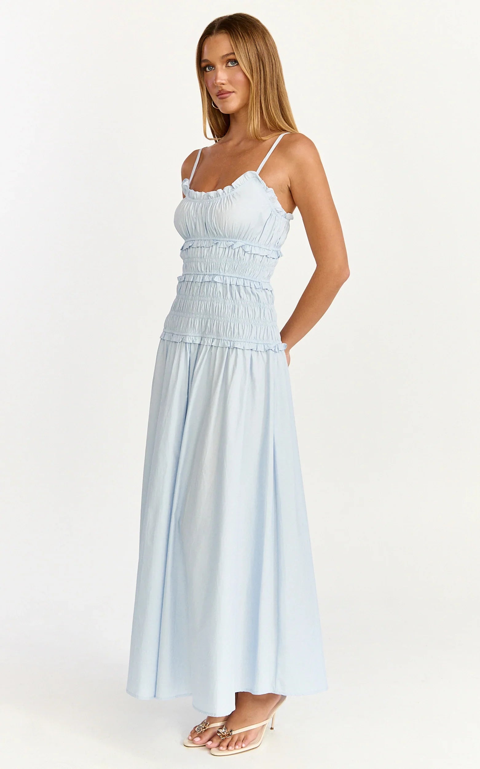 Cami Midi Dress Rushed Bodice Dress in Blue