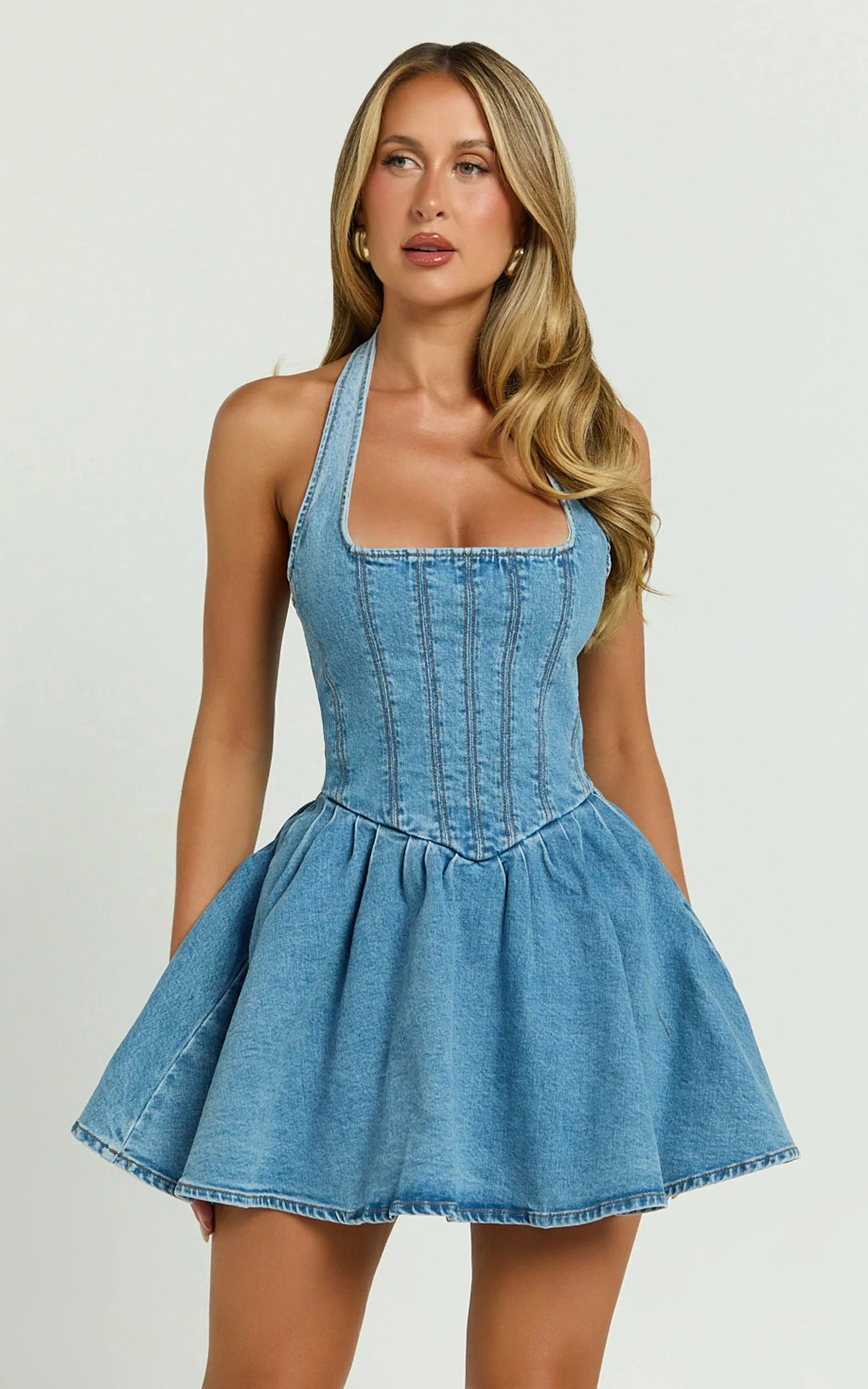 Hayes Mini Dress Halter Neck Corset Bodice Dress in Mid Blue Wash
