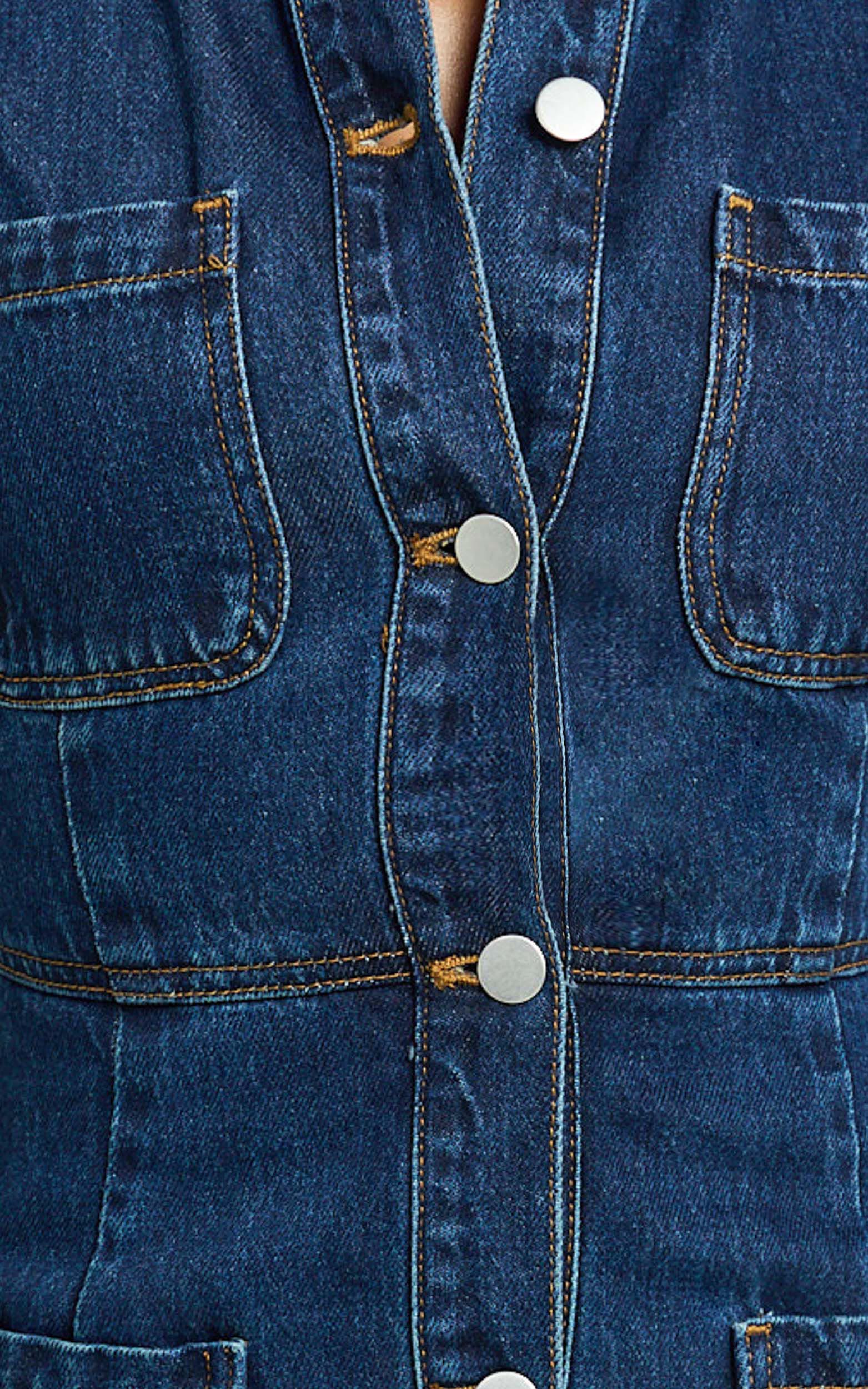 Stephanie Mini Dress Scoop Neck Pocket Detail Recycled Denim Dress in Indigo Wash