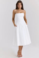 white stretch cotton a line midi sundress
