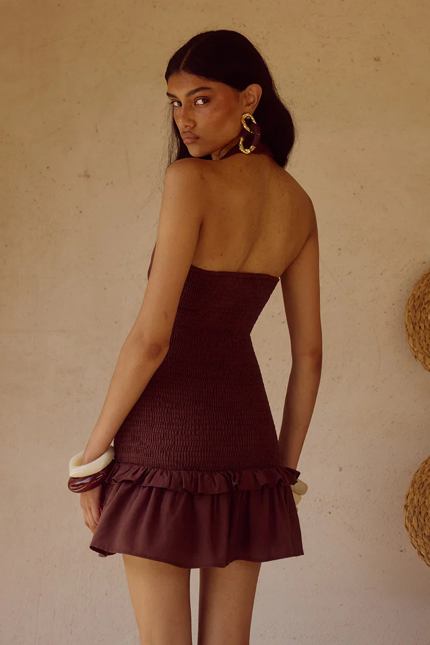 FLEUR SHIRRED HALTER MINI DRESSS CHOCOLATE